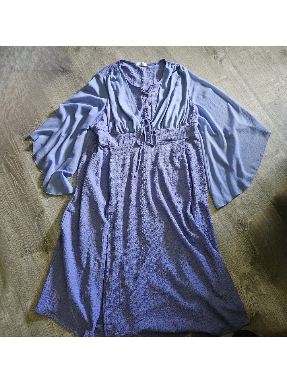 Romantic Lavender Bell Sleeve Maxi Dress Lace Up Front Textured Crepe 3XL